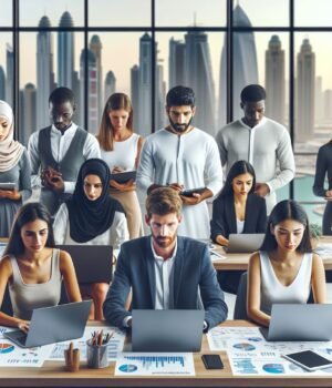 A professional team working on Google Ads campaigns in a modern office setting in Dubai. Include elements like laptops, charts, and the Dubai skyline in the background to emphasize the location and professional environment.